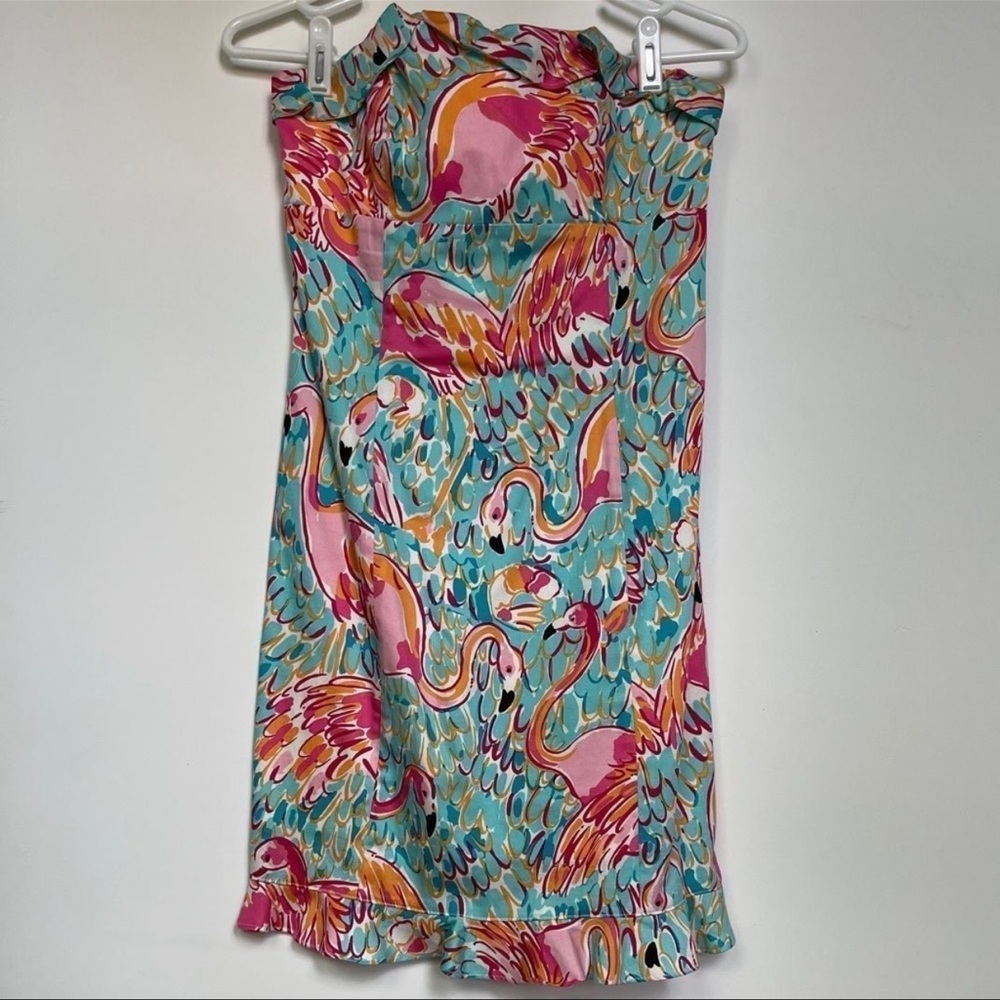 Lilly Pulitzer 2 Strapless Ruffles Shift Dress Flamingos Tropical Boned